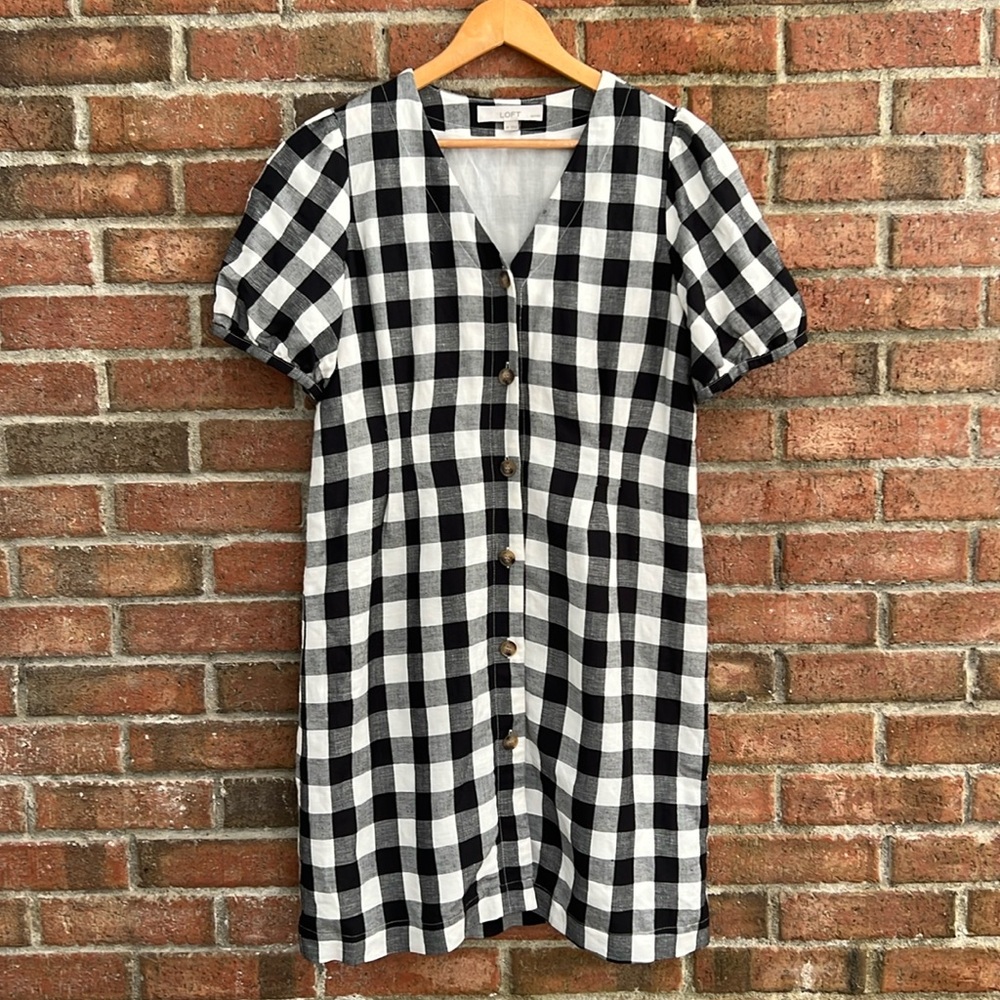 LOFT black and white Gingham Button V-Neck Dress size 8 Petite - Picture 4 of 8